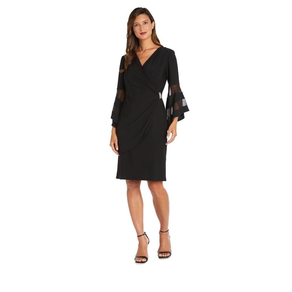 Women’s Size 16 Wraparound Knee-Length Dress with Bell Sleeves Black